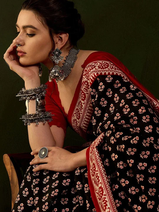 Elegant Red and Black Saree for Women with Soft Premium Fabric, Bold Stylish Contrast Design, Traditional Yet Modern Look